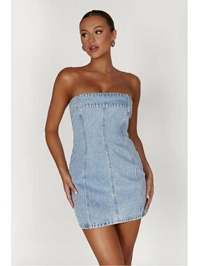 Meshki Teddi Light Wash Denim Strapless Mini Dress Bodycon Corset Medium New NWT